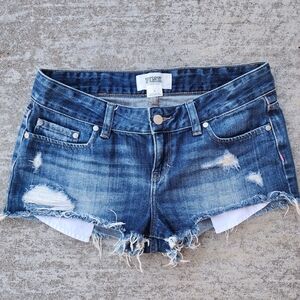 Y2K VS PINK Distressed Denim Blue Low Rise Cheeky Micro Shorts, Sz 4
